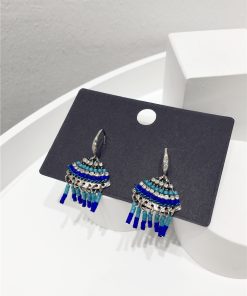 Elegant Handmade Beaded Diamond-Inlaid Triangular Fan-Shaped Short Tassel Earrings - Ethnic Style Jewelry for Chic Looks