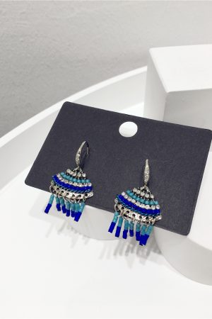 Elegant Handmade Beaded Diamond-Inlaid Triangular Fan-Shaped Short Tassel Earrings - Ethnic Style Jewelry for Chic Looks