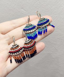 Elegant Handmade Beaded Diamond-Inlaid Triangular Fan-Shaped Short Tassel Earrings - Ethnic Style Jewelry for Chic Looks