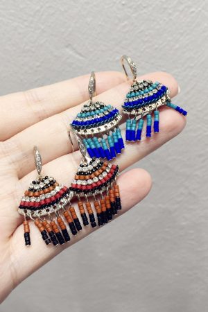 Elegant Handmade Beaded Diamond-Inlaid Triangular Fan-Shaped Short Tassel Earrings - Ethnic Style Jewelry for Chic Looks