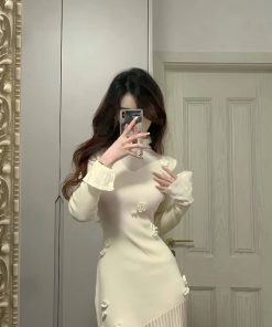 Elegant Handmade Hook Flower Knitted Dress for Women, Waist-Defining Slim Fit, Perfect for Spring and Autumn, Y2K Style