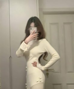 Elegant Handmade Hook Flower Knitted Dress for Women, Waist-Defining Slim Fit, Perfect for Spring and Autumn, Y2K Style