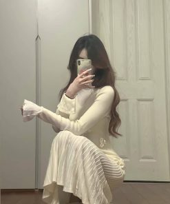 Elegant Handmade Hook Flower Knitted Dress for Women, Waist-Defining Slim Fit, Perfect for Spring and Autumn, Y2K Style