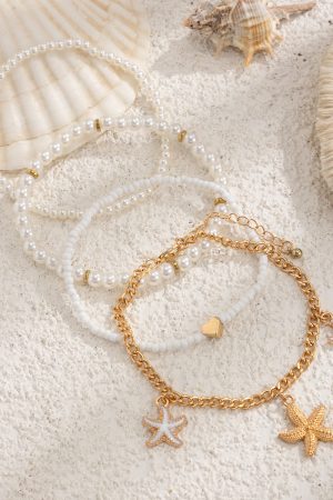 Elegant Heart-Shaped Imitation Pearl Multi-Layer Ankle Bracelet with Starfish Pendant - Beach Ocean Style Jewelry for Women