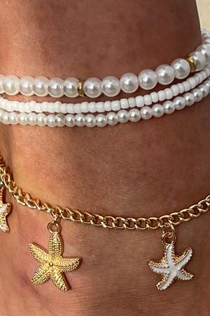 Elegant Heart-Shaped Imitation Pearl Multi-Layer Ankle Bracelet with Starfish Pendant - Beach Ocean Style Jewelry for Women