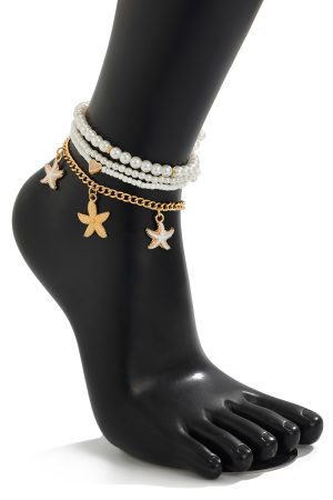 Elegant Heart-Shaped Imitation Pearl Multi-Layer Ankle Bracelet with Starfish Pendant - Beach Ocean Style Jewelry for Women