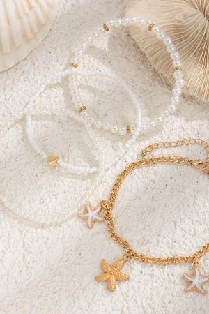 Elegant Heart-Shaped Imitation Pearl Multi-Layer Ankle Bracelet with Starfish Pendant - Beach Ocean Style Jewelry for Women