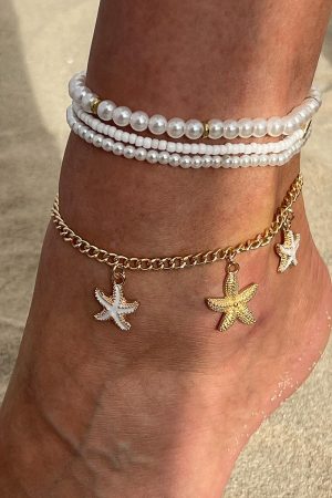 Elegant Heart-Shaped Imitation Pearl Multi-Layer Ankle Bracelet with Starfish Pendant - Beach Ocean Style Jewelry for Women
