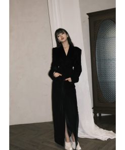 Elegant Heavyweight Velvet Trench Coat for Women - Fitted V-Neck Long Outerwear, High-End Fashion, Chic Style