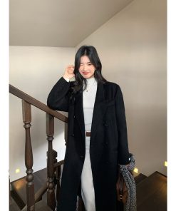 Elegant Hepburn Style Black Mid-Length 100% Wool Coat for Women - High-End Woolen Outerwear, Classic Vintage Fashion