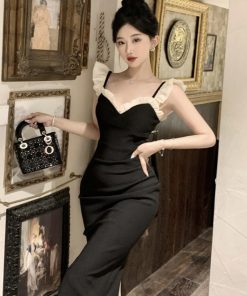 Elegant Hepburn-Style Black Spaghetti Strap Evening Dress for Women, Luxurious High-End French Design, Sexy & Stunning Fashion Statement