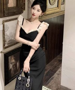 Elegant Hepburn-Style Black Spaghetti Strap Evening Dress for Women, Luxurious High-End French Design, Sexy & Stunning Fashion Statement