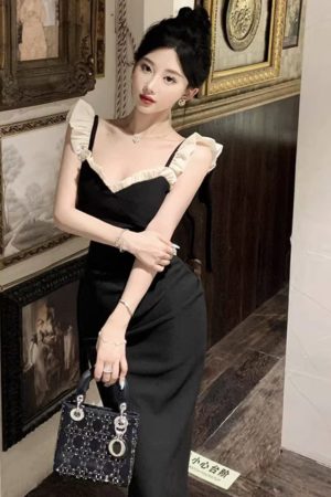 Elegant Hepburn-Style Black Spaghetti Strap Evening Dress for Women, Luxurious High-End French Design, Sexy & Stunning Fashion Statement