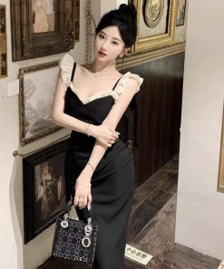 Elegant Hepburn-Style Black Spaghetti Strap Evening Dress for Women, Luxurious High-End French Design, Sexy & Stunning Fashion Statement