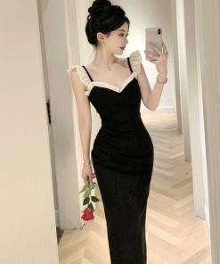 Elegant Hepburn-Style Black Spaghetti Strap Evening Dress for Women, Luxurious High-End French Design, Sexy & Stunning Fashion Statement