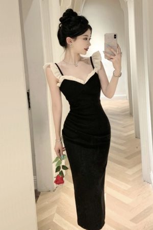 Elegant Hepburn-Style Black Spaghetti Strap Evening Dress for Women, Luxurious High-End French Design, Sexy & Stunning Fashion Statement