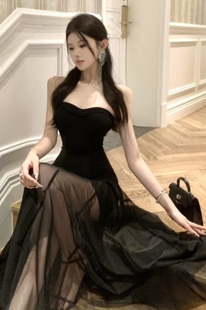 Elegant Hepburn-Style Black Strapless Evening Gown for Women - Luxurious High-End Dress for Banquets and Special Occasions