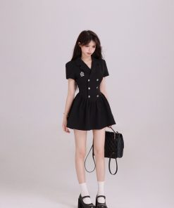 Elegant Hepburn-Style Black Suit Dress for Women - Waist-Cinching A-Line Short Dress, Summer 2025 Fashion Essential