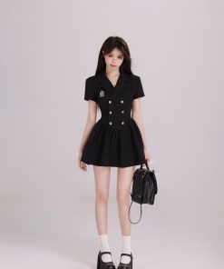 Elegant Hepburn-Style Black Suit Dress for Women - Waist-Cinching A-Line Short Dress, Summer 2025 Fashion Essential