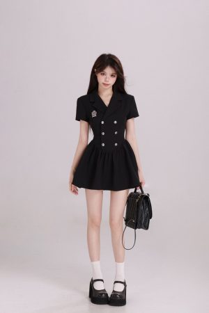 Elegant Hepburn-Style Black Suit Dress for Women - Waist-Cinching A-Line Short Dress, Summer 2025 Fashion Essential