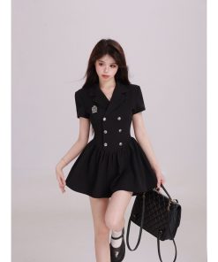 Elegant Hepburn-Style Black Suit Dress for Women - Waist-Cinching A-Line Short Dress, Summer 2025 Fashion Essential