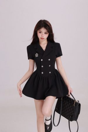 Elegant Hepburn-Style Black Suit Dress for Women - Waist-Cinching A-Line Short Dress, Summer 2025 Fashion Essential