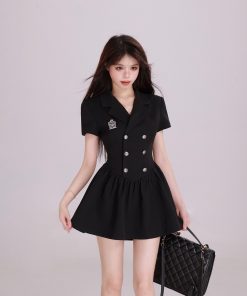 Elegant Hepburn-Style Black Suit Dress for Women - Waist-Cinching A-Line Short Dress, Summer 2025 Fashion Essential
