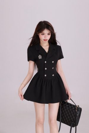 Elegant Hepburn-Style Black Suit Dress for Women - Waist-Cinching A-Line Short Dress, Summer 2025 Fashion Essential