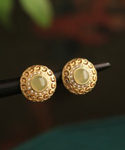 Elegant Hetian Jade and Pure Silver Flower Design Earrings with 18K Gold Peace Buckle for Women - High-End Light Luxury Jewelry