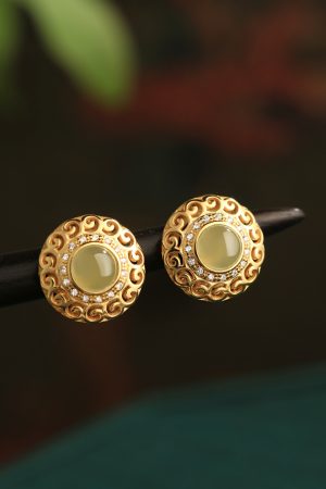 Elegant Hetian Jade and Pure Silver Flower Design Earrings with 18K Gold Peace Buckle for Women - High-End Light Luxury Jewelry
