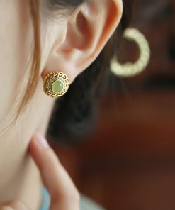 Elegant Hetian Jade and Pure Silver Flower Design Earrings with 18K Gold Peace Buckle for Women - High-End Light Luxury Jewelry