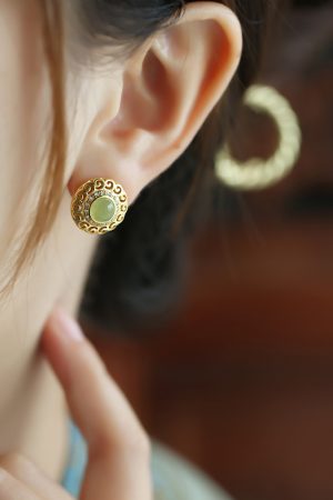 Elegant Hetian Jade and Pure Silver Flower Design Earrings with 18K Gold Peace Buckle for Women - High-End Light Luxury Jewelry