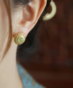 Elegant Hetian Jade and Pure Silver Flower Design Earrings with 18K Gold Peace Buckle for Women - High-End Light Luxury Jewelry
