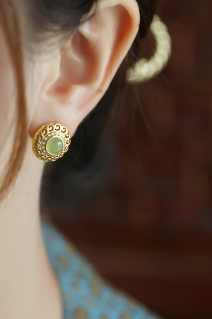 Elegant Hetian Jade and Pure Silver Flower Design Earrings with 18K Gold Peace Buckle for Women - High-End Light Luxury Jewelry