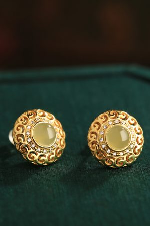 Elegant Hetian Jade and Pure Silver Flower Design Earrings with 18K Gold Peace Buckle for Women - High-End Light Luxury Jewelry
