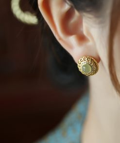 Elegant Hetian Jade and Pure Silver Flower Design Earrings with 18K Gold Peace Buckle for Women - High-End Light Luxury Jewelry