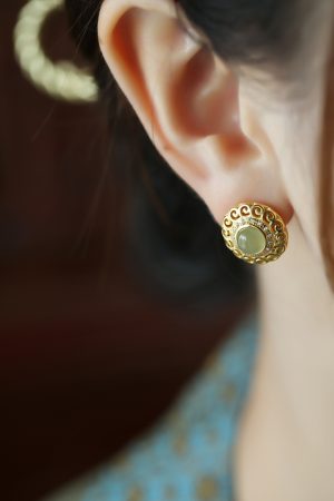 Elegant Hetian Jade and Pure Silver Flower Design Earrings with 18K Gold Peace Buckle for Women - High-End Light Luxury Jewelry