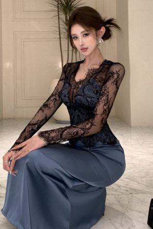 Elegant High-End French Hepburn Style Evening Gown Long Dress for Women, Sexy Lace Spliced Two-Piece Design for Parties
