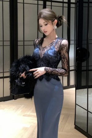 Elegant High-End French Hepburn Style Evening Gown Long Dress for Women, Sexy Lace Spliced Two-Piece Design for Parties