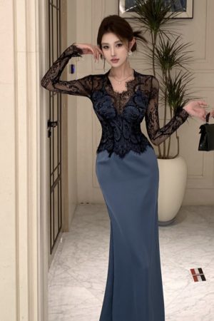 Elegant High-End French Hepburn Style Evening Gown Long Dress for Women, Sexy Lace Spliced Two-Piece Design for Parties