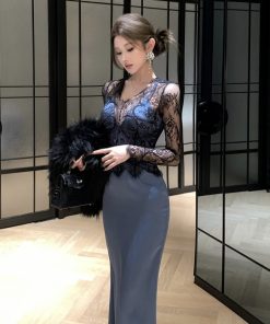 Elegant High-End French Hepburn Style Evening Gown Long Dress for Women, Sexy Lace Spliced Two-Piece Design for Parties