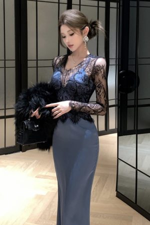 Elegant High-End French Hepburn Style Evening Gown Long Dress for Women, Sexy Lace Spliced Two-Piece Design for Parties