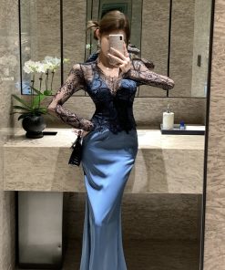 Elegant High-End French Hepburn Style Evening Gown Long Dress for Women, Sexy Lace Spliced Two-Piece Design for Parties