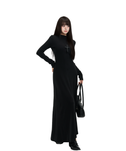 Elegant High-End Knitted Round Neck Dress for Women - Autumn Winter Long Skirt, Waist-Highlighting Style, Chic Fashion