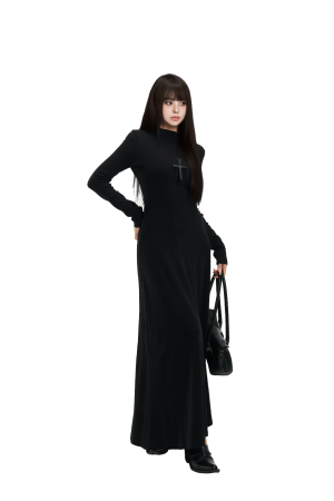 Elegant High-End Knitted Round Neck Dress for Women - Autumn Winter Long Skirt, Waist-Highlighting Style, Chic Fashion