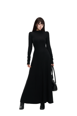Elegant High-End Knitted Round Neck Dress for Women - Autumn Winter Long Skirt, Waist-Highlighting Style, Chic Fashion