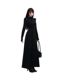Elegant High-End Knitted Round Neck Dress for Women - Autumn Winter Long Skirt, Waist-Highlighting Style, Chic Fashion