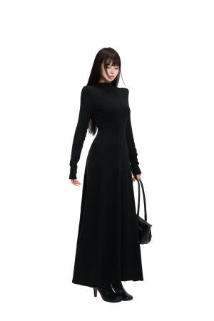 Elegant High-End Knitted Round Neck Dress for Women - Autumn Winter Long Skirt, Waist-Highlighting Style, Chic Fashion