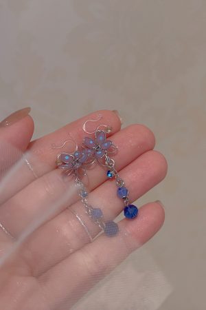 Elegant Japanese Cherry Blossom Crystal Drop Earrings for Women, High-Quality Transparent U-Shaped Ear Clips, Sweet Floral Design