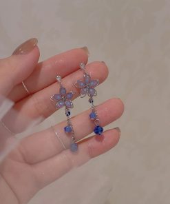 Elegant Japanese Cherry Blossom Crystal Drop Earrings for Women, High-Quality Transparent U-Shaped Ear Clips, Sweet Floral Design